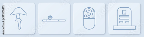 Set line Psilocybin mushroom, Medicine pill or tablet, Opium pipe and Tombstone with RIP written. White square button. Vector.