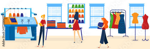 People work in textile industry vector illustration. Cartoon flat worker tailor characters working with industrial machinery for making clothes in workshop interior, dressmaking process background