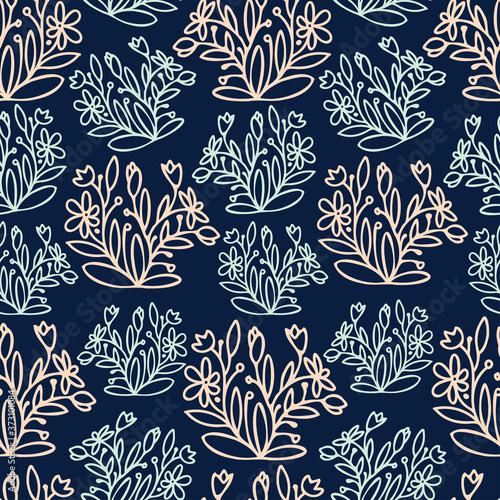 Seamless vector pattern of ornamental lined abstract flowers on dark background