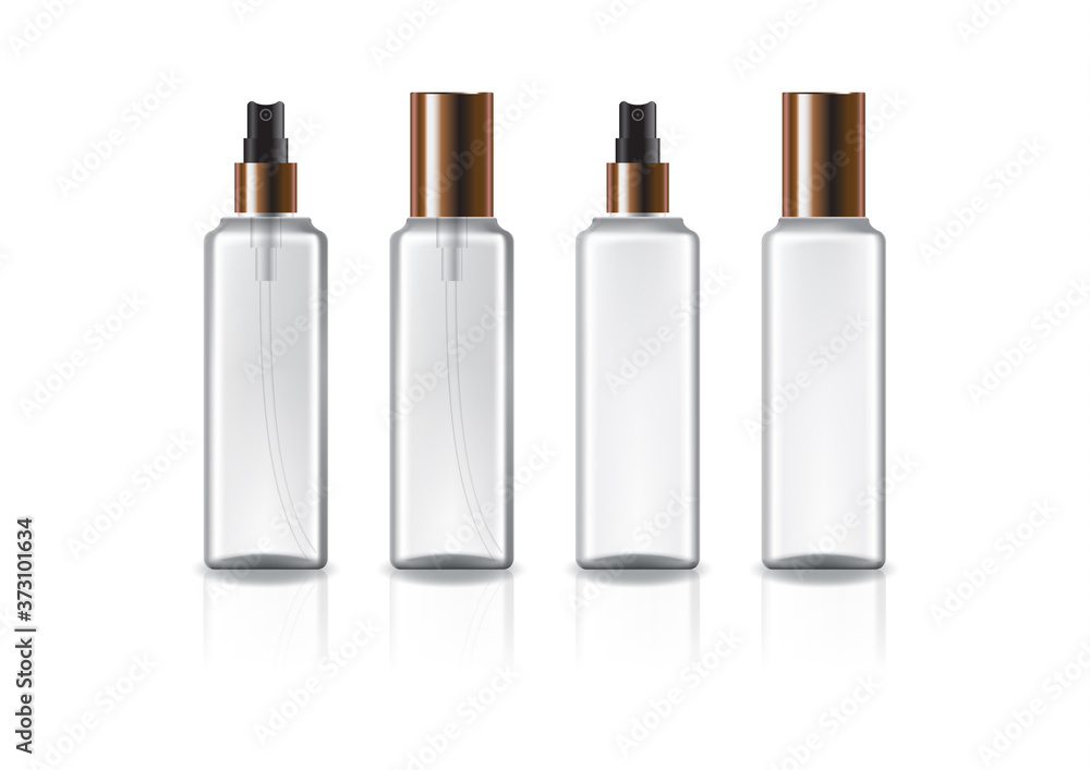 Clear and white square cosmetic bottle with copper spray head and lid Clear and white square cosmetic bottle with copper spray head and lid