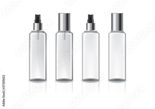 Clear and white square cosmetic bottle with silver spray head and lid.