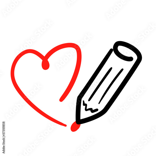 Review icon in hand drawn style on white background. Vintage sketch illustration with pencil and painted red heart. Feedback Web Writing vector line logo. Outline round symbol fo highlights