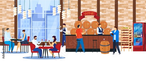 People drink wine vector illustration. Cartoon flat man woman characters sitting at tables in restaurant or bar interior, ordering from waiter or bartender and drinking alcohol wine drink background