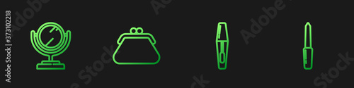 Set line Mascara brush, Round makeup mirror, Clutch bag and Nail file. Gradient color icons. Vector.