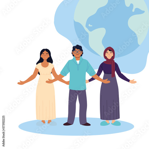 indian muslim women and man cartoons with world sphere vector design