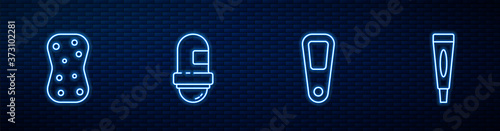 Set line Hand mirror, Sponge with bubbles, Antiperspirant deodorant roll and Cream lotion cosmetic tube. Glowing neon icon on brick wall. Vector.