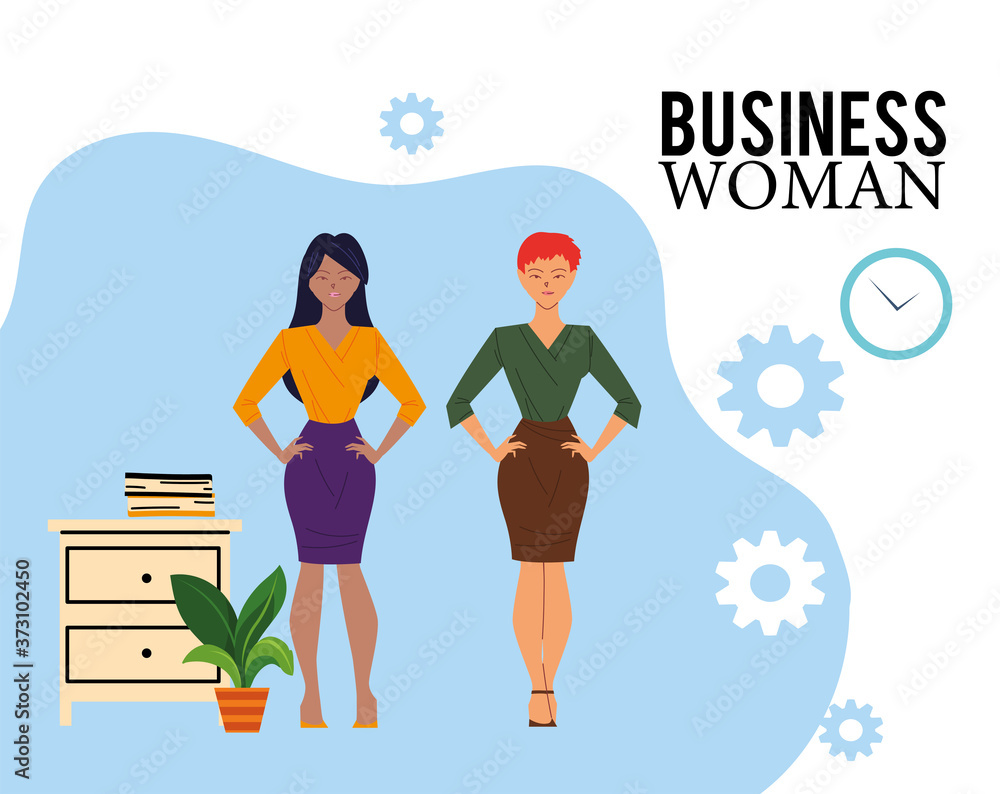 businesswomen cartoons with files on furniture and plant vector design