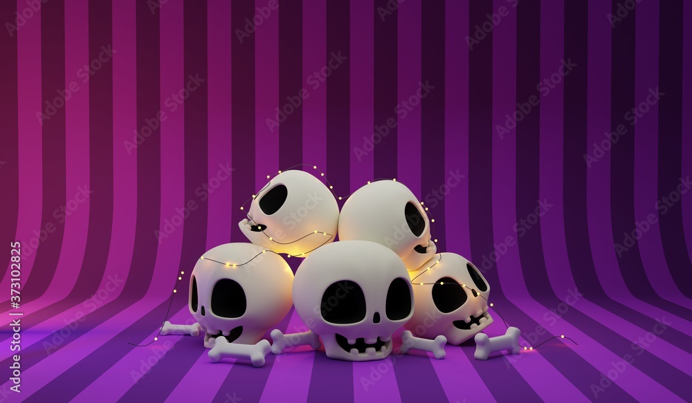 3D rendering pile of cute skulls and bones on dark purple color, stripes background concept art for Halloween event 3D rendering pile of cute skulls and bones on dark purple color, stripes background concept art for Halloween event