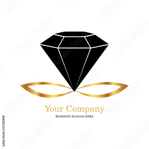 Jewelry logo design. Black diamond resting on a golden infinity symbol, ideal for jewelers and jewelry manufacturers