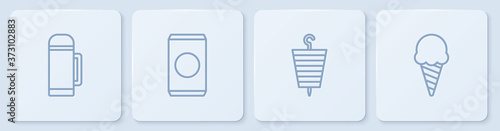 Set line Thermos container, Grilled shish kebab, Soda can with straw and Ice cream waffle cone. White square button. Vector.