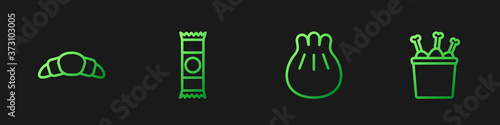 Set line Khinkali on cutting board, Croissant, Chocolate bar and Chicken leg package box. Gradient color icons. Vector.