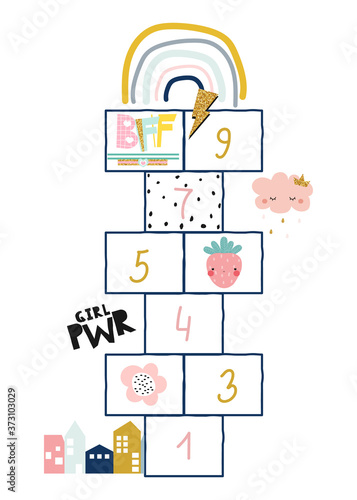 Hopscotch kids game with  cute graphics. Vector hand drawn illustration.