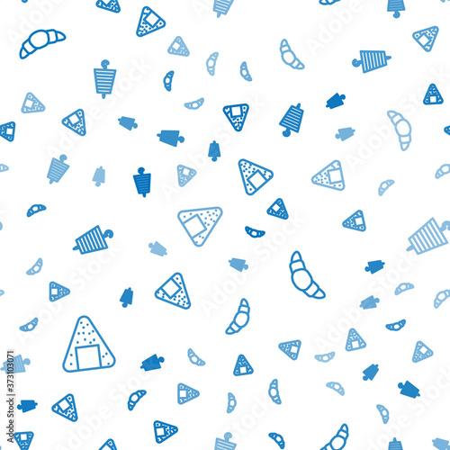 Set line Onigiri, Croissant and Grilled shish kebab on seamless pattern. Vector.