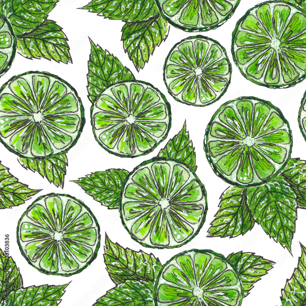 Juicy pattern with watercolor limes and mint