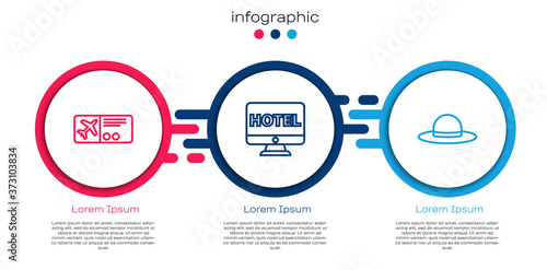 Set line Airline ticket, Online hotel booking and Elegant women hat. Business infographic template. Vector.