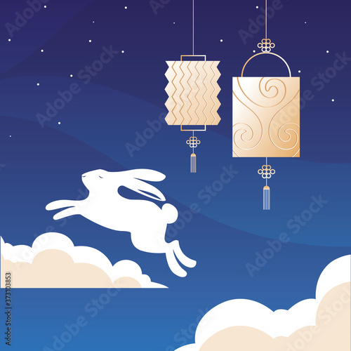 rabbit with clouds and lanterns of happy mid autumn festival vector design