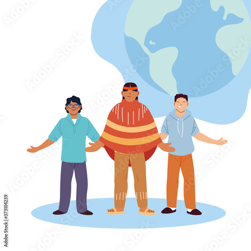 usa indian man and men cartoons with world sphere vector design
