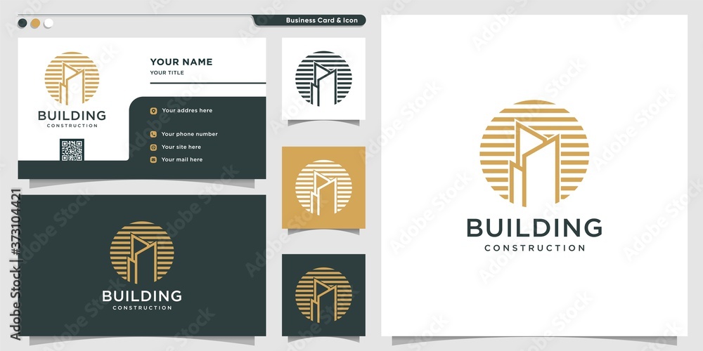 Building logo with horizontal line style and business card design template, building, construction, estate, new concept, Premium Vector Building logo with horizontal line style and business card design template, building, construction, estate, new concept, Premium Vector