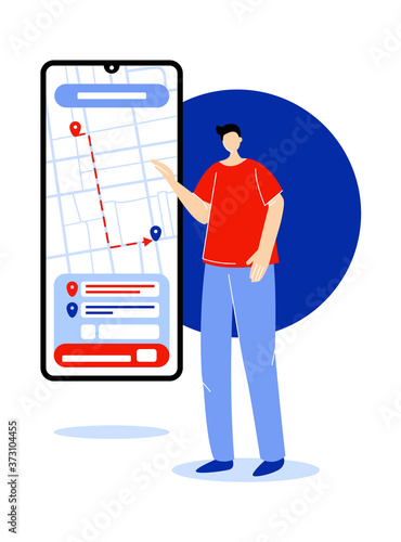 Man ordering taxi online on phone. Online service for order taxi. Phone app for taxi service. Vector illustration.