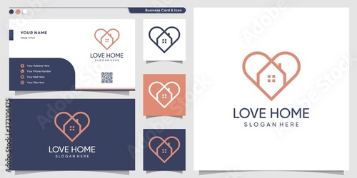 Home logo with love line art style and business card design template, decoration, home, Premium Vector