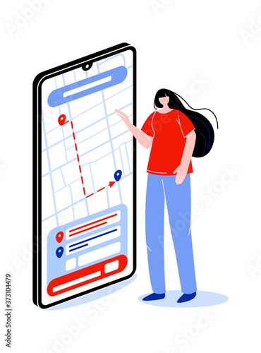 Woman ordering taxi online on phone. Online service for order taxi. Phone app for taxi service. Vector illustration with white background.