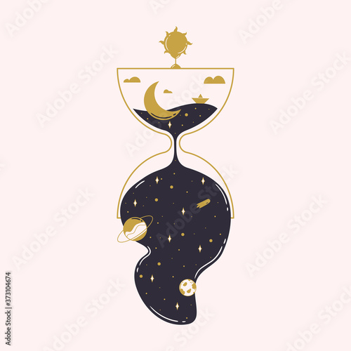 The hourglass shows the transience of time. Trendy vector illustration.