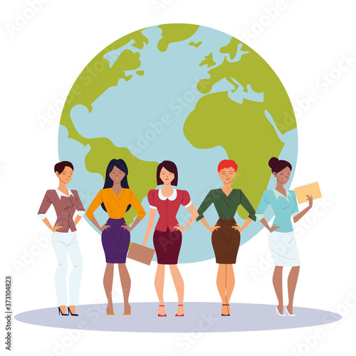 businesswomen cartoons with files in front of world vector design