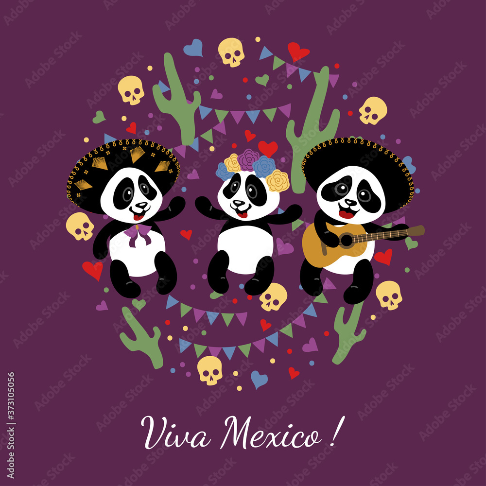 Little funny pandas have fun at the festival. Children's illustration is decorated with confit, garlands, skulls, cacti. Little funny pandas have fun at the festival. Children's illustration is decorated with confit, garlands, skulls, cacti.
