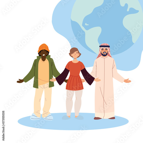 woman black and arabish men cartoons with world sphere vector design