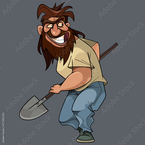 cartoon shaggy bearded man slyly looks with a shovel in hand