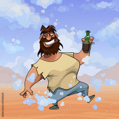 cheerful smiling cartoon shaggy bearded man with bottle in desert