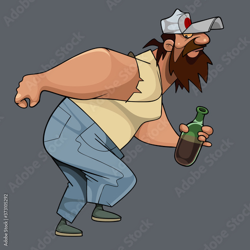 running away cartoon shaggy bearded man with bottle in hand
