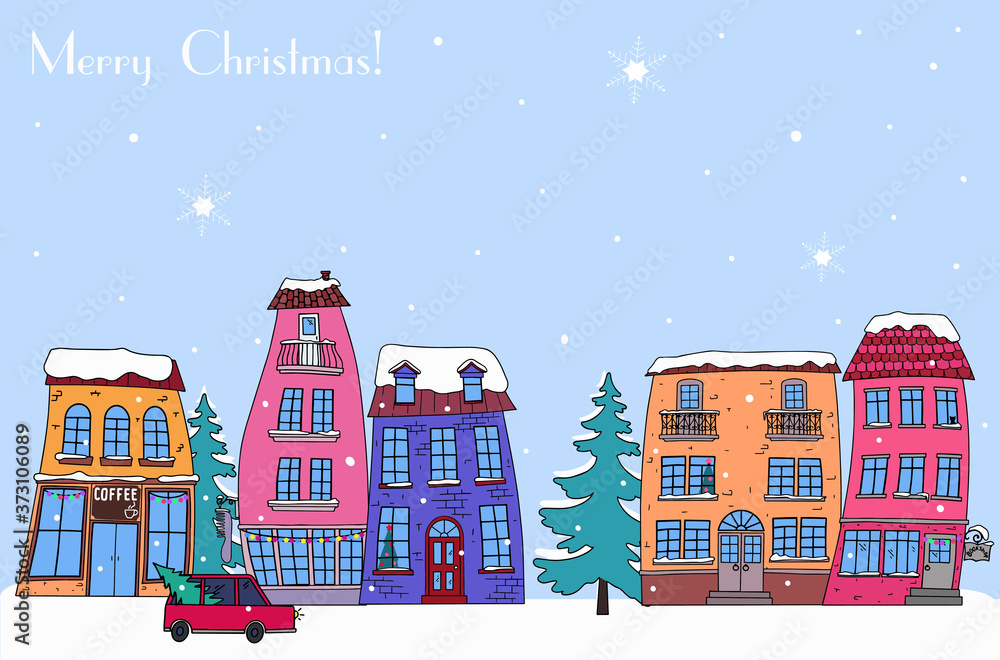 Winter city landscape on Christmas eve. Snow day, street with bright decorative houses. For postcards, prints, and other design elements.
