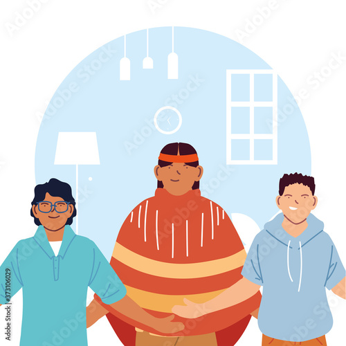 usa indian man and men cartoons in front of home room vector design