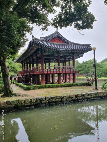 Namwon-si, Jeollabuk-do, South Korea - 24th July 2020 : Scenery of Gwanghallu Garden or Gwanghallu Pavilion on a rainy day