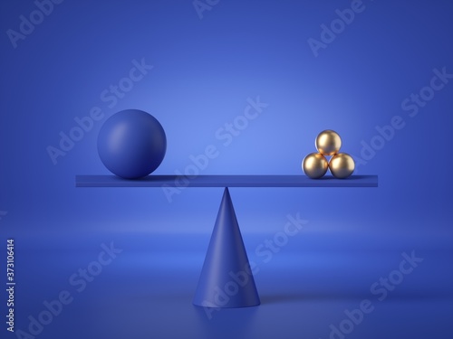 Tela 3d render, balancing blue and gold balls placed on weighing scales, abstract geometric primitive shapes isolated on blue background
