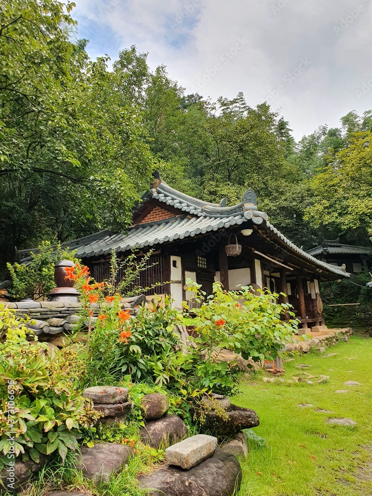 Namwon-si, Jeollabuk-do, South Korea - 24th July 2020 : Scenery of Gwanghallu Garden or Gwanghallu Pavilion on a rainy day Namwon-si, Jeollabuk-do, South Korea - 24th July 2020 : Scenery of Gwanghallu Garden or Gwanghallu Pavilion on a rainy day