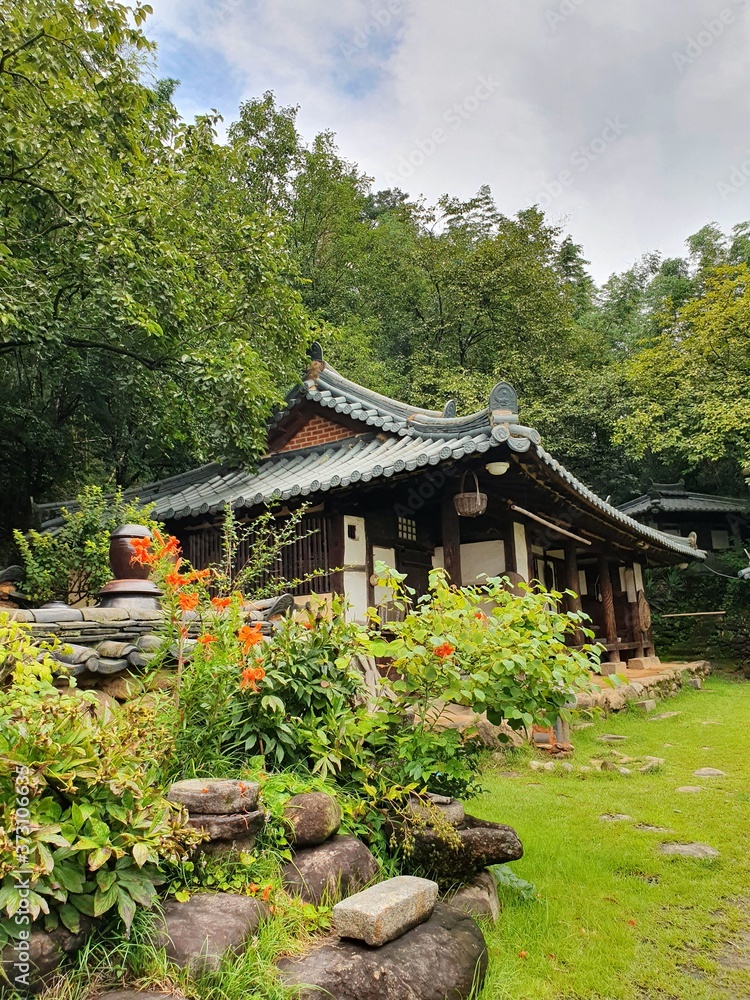 Namwon-si, Jeollabuk-do, South Korea - 24th July 2020 : Scenery of Gwanghallu Garden or Gwanghallu Pavilion on a rainy day