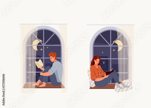 Set of young woman and man reading book while sitting on windowsill with cozy pillows at home. Vector illustration of read design concept isolated on white background