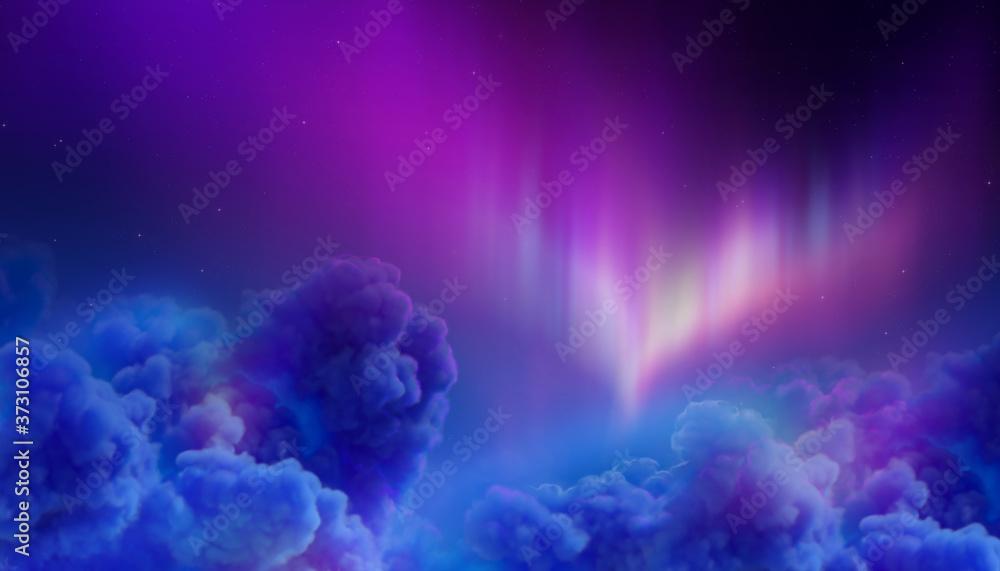 digital illustration, Aurora Borealis, abstract background. Northern lights in polar night sky, cotton clouds, natural phenomenon, geomagnetic miracle, wonder of nature, ultraviolet spectrum