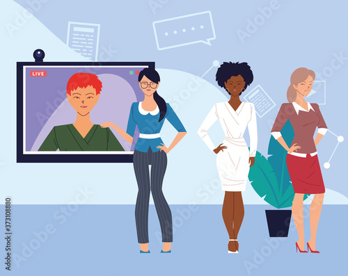 businesswomen cartoons in front of screen in video chat vector design