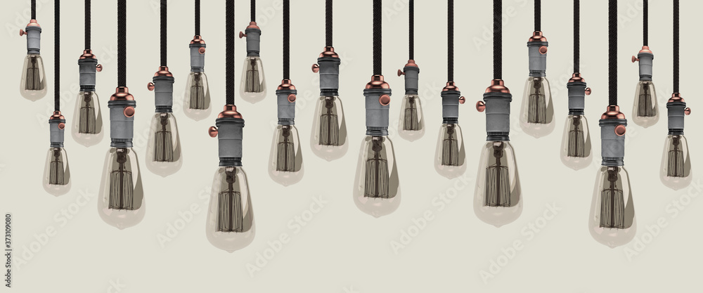 Naklejka premium modern edison light bulps, industrial design, 3d rendering, studio setup with switched off lights, horizontal banner, high resolution