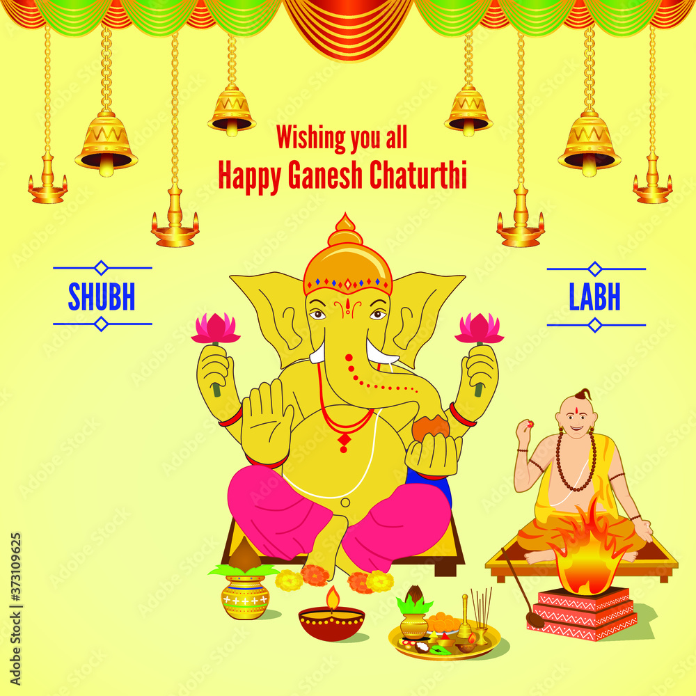 Beautiful design poster of Sri Ganesha in sitting position and blessing with Indian priests and people in a traditional dressing and performing prayers. Stock Vector | Adobe Stock Beautiful design poster of Sri Ganesha in sitting position and blessing with Indian priests and people in a traditional dressing and performing prayers. Stock Vector | Adobe Stock