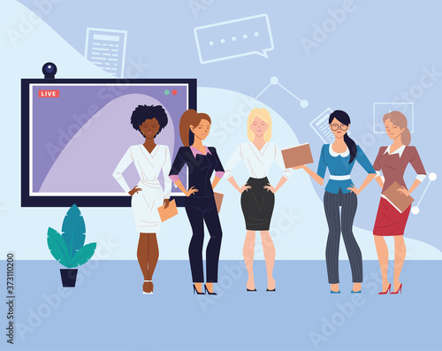 businesswomen cartoons with files in front of screen in video chat vector design