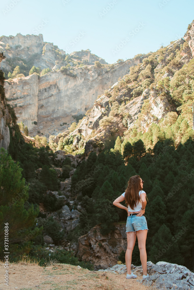 Naklejka premium Woman from behind standing on a precipice observing the mountainous landscape