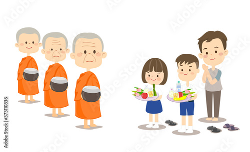  Cartoon give alms buddhist monk 
