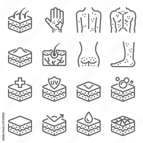 Skin allergy icon illustration vector set. Contains such icon as Acne, Atopic, itchy, Dry skin, Rash, Epidermis, Dermatology and more. Expanded Stroke
