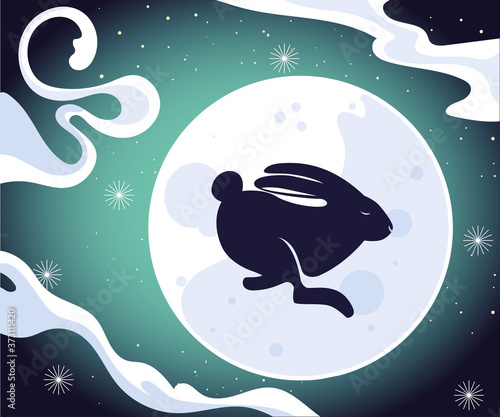 rabbit on moon with clouds and stars of happy mid autumn festival vector design