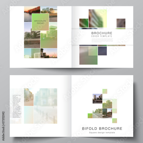 Vector layout of two covers templates for square design bifold brochure, flyer, magazine, cover design, book design, brochure cover. Abstract project with clipping mask green squares for your photo.
