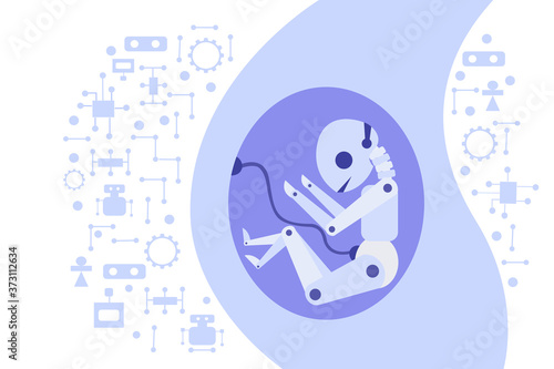 A robot grows inside the human womb. With umbilical cord connected to head